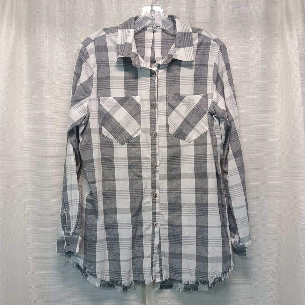 White Birch Plaid Linen Blend Frayed Hem Button Up Shirt Womens S Beach Casual